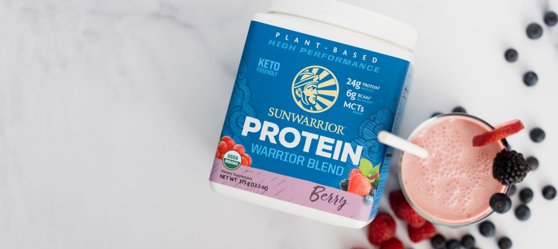 Bote de proteina de 375g de sabor fresa de la marca Sunwarrior