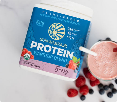 Bote de proteina de 375g de sabor fresa de la marca Sunwarrior